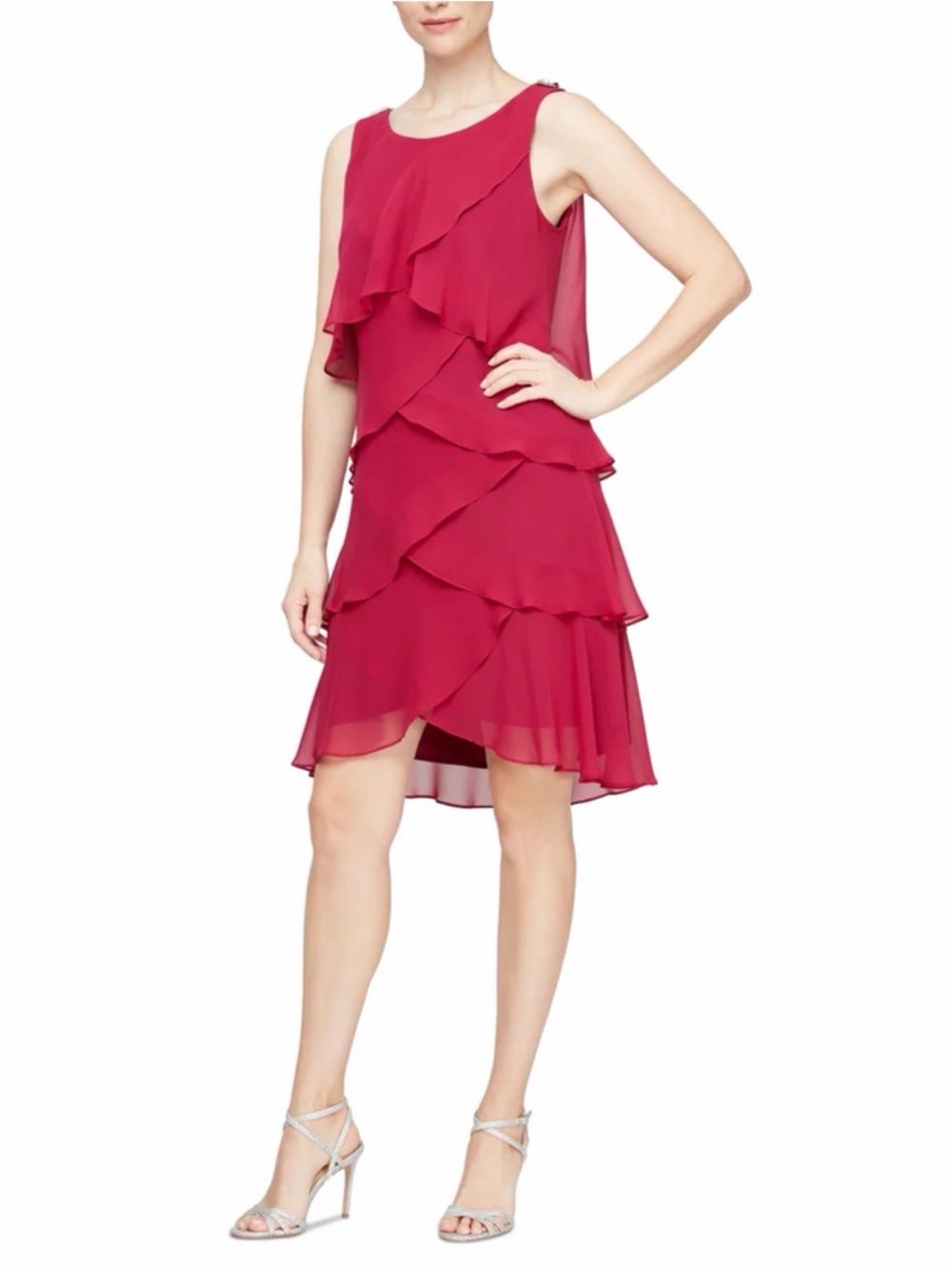 SLNY Fuchsia Tiered Chiffon Dress with Embellished Straps